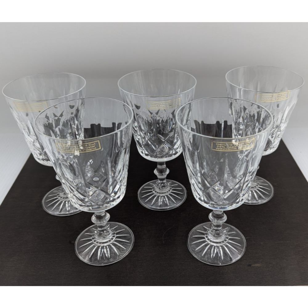 Set of 5 Wine Glass Glasses Goblets Hand Cut Crystal Windsor Poland 6-1/4"